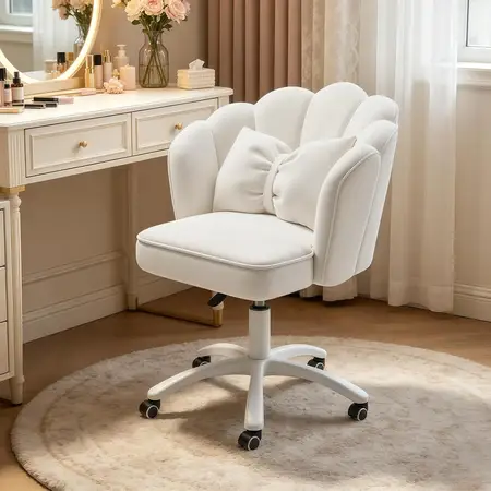 Petal Desk Chair with Bow Cushion Velvet Vanity Chair with Wheels